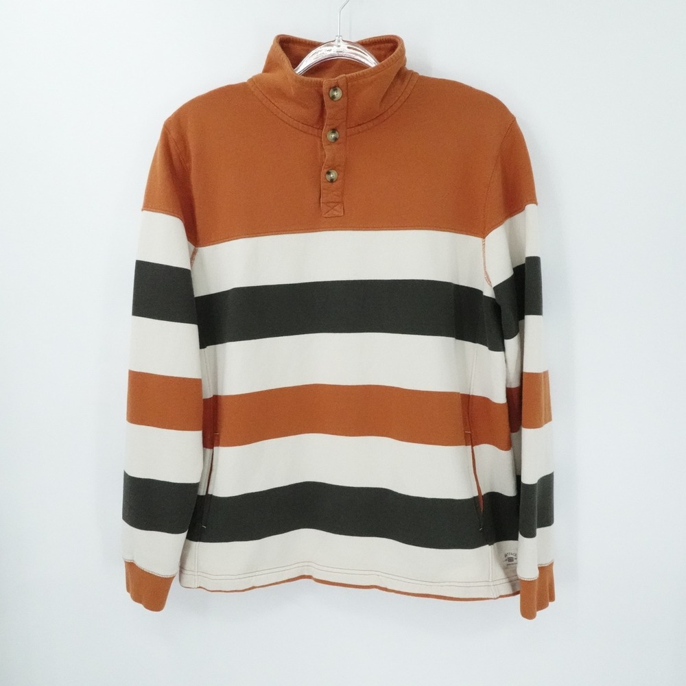 FatFace Sweater Mens Large Orange‎ Cream Striped Pullover Rugby Shirt Pockets